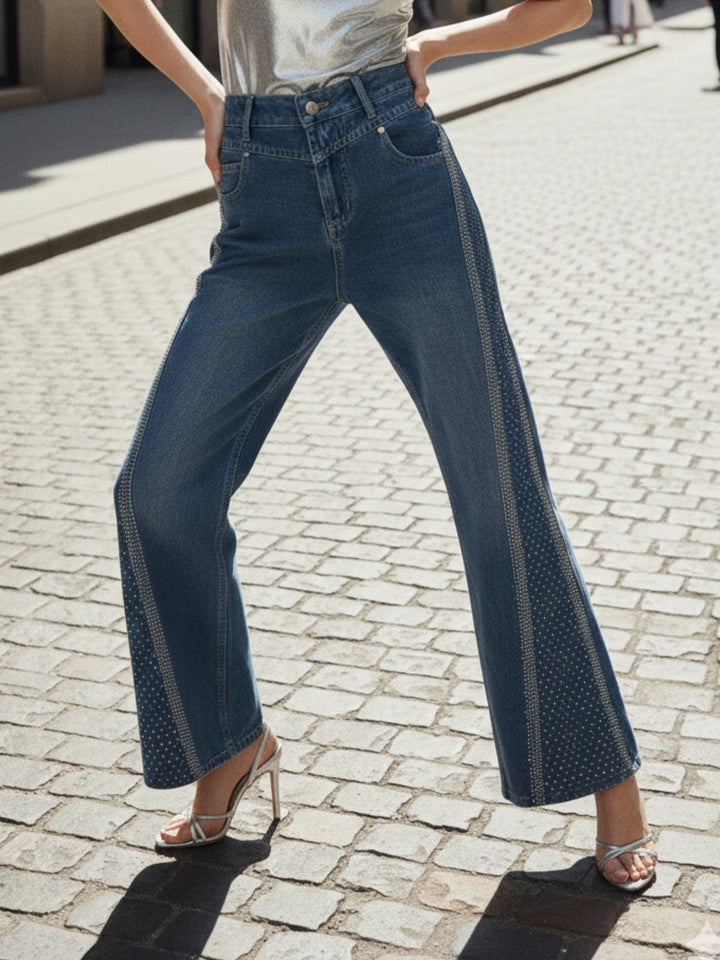 Navy Blue High Waist Frayed Wide Leg Jeans
