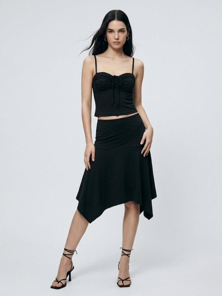 Black Spaghetti Strap Fitted Top And Flared Skirt