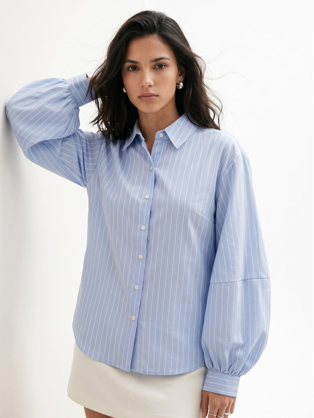 Blue Balloon Sleeve Front Buttoned Shirt