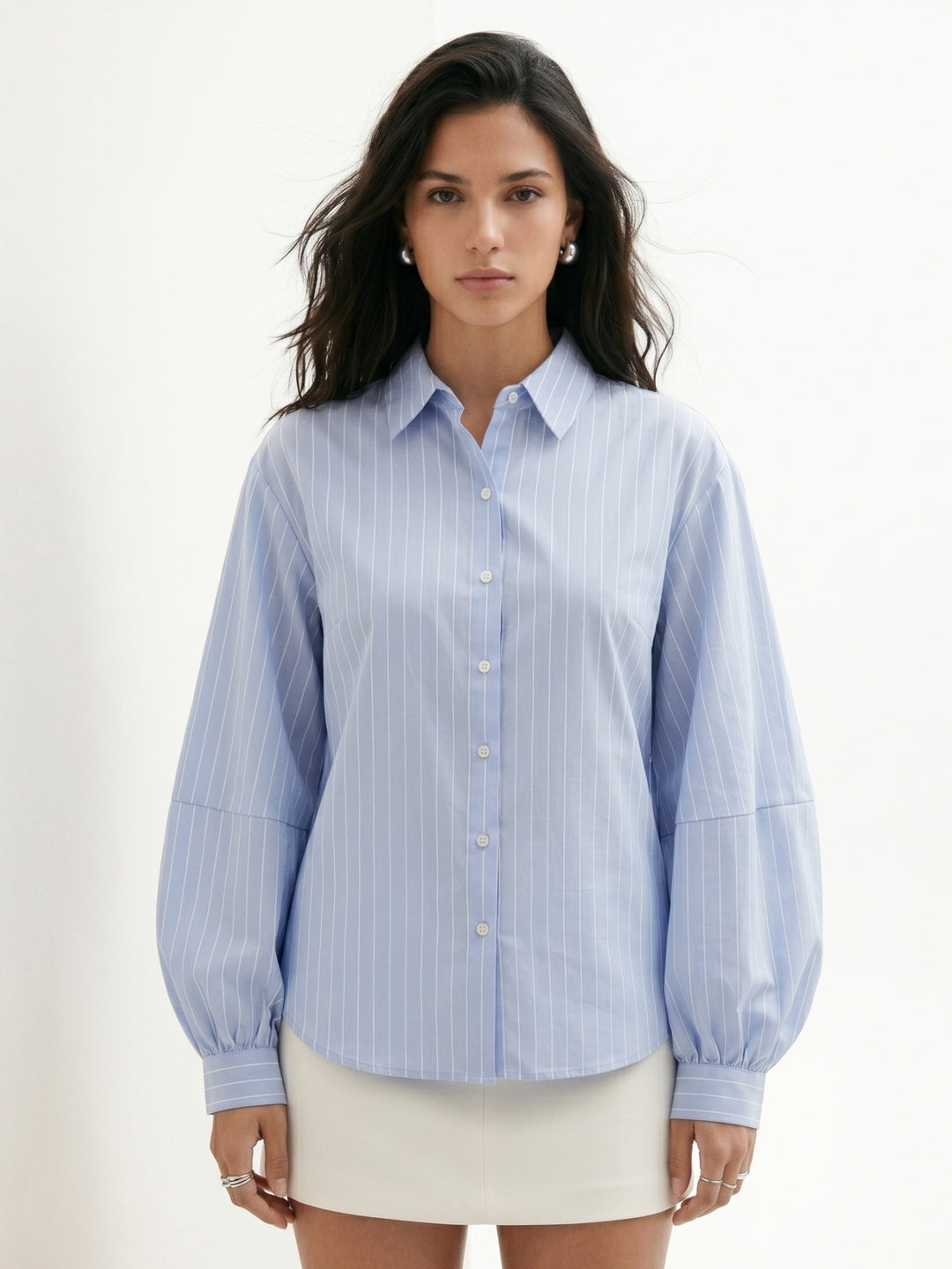 Blue Balloon Sleeve Front Buttoned Shirt