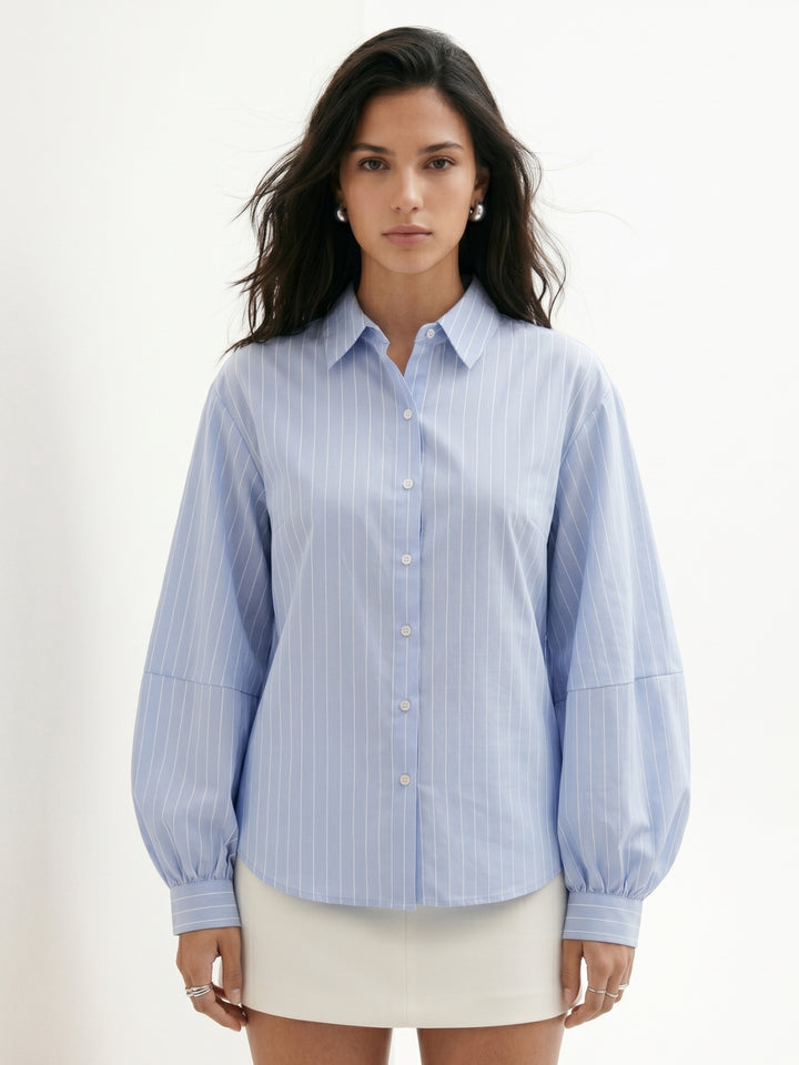 Blue Balloon Sleeve Front Buttoned Shirt