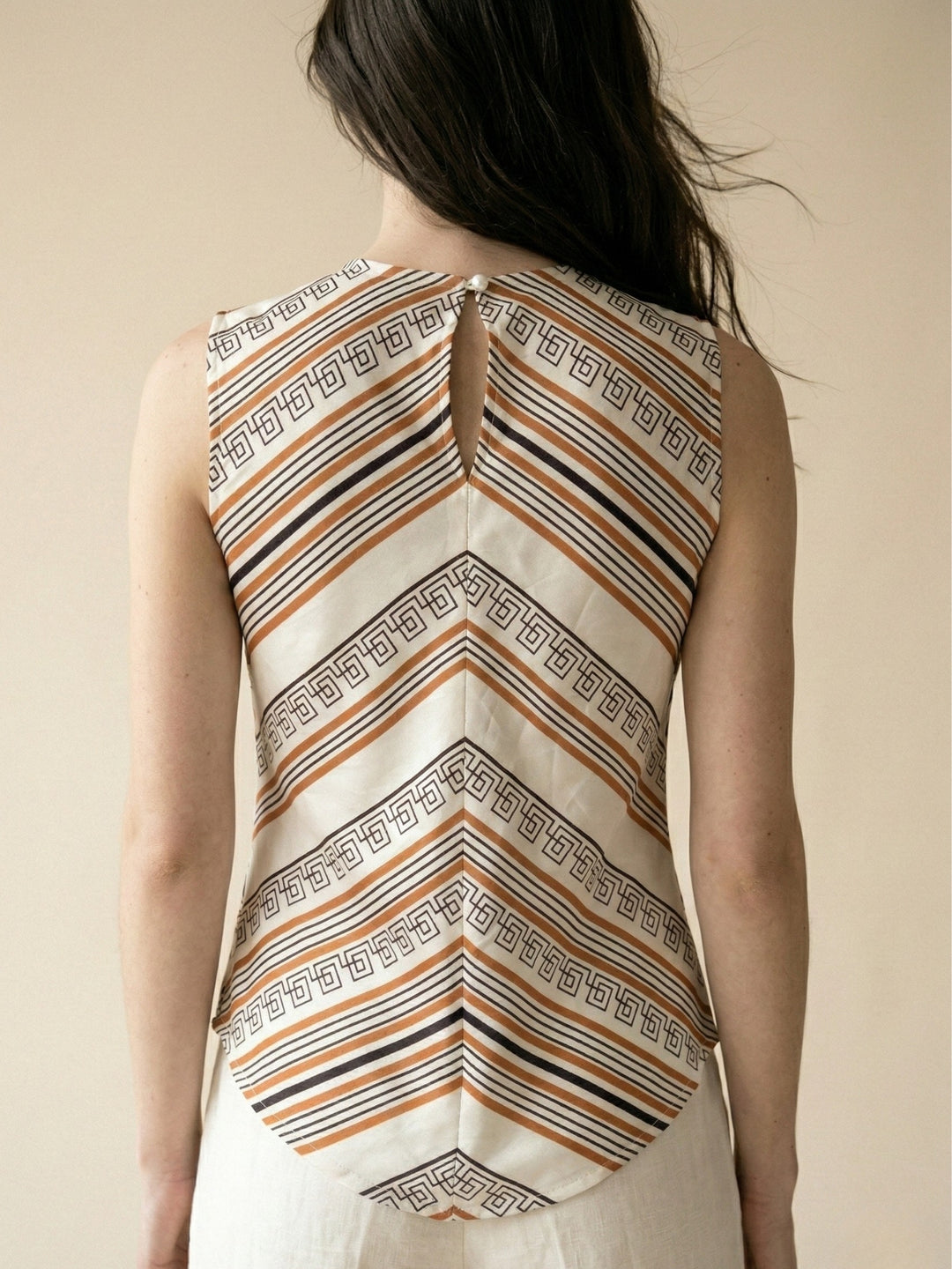 Multi Striped Scarf-Print Sleeveless Top With A Front Tie Detail