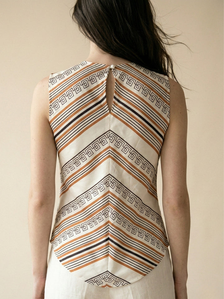 Multi Striped Scarf-Print Sleeveless Top With A Front Tie Detail