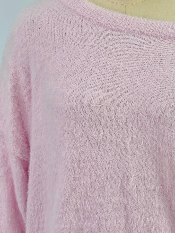 Pink Off-Shoulder Fuzzy Sweater
