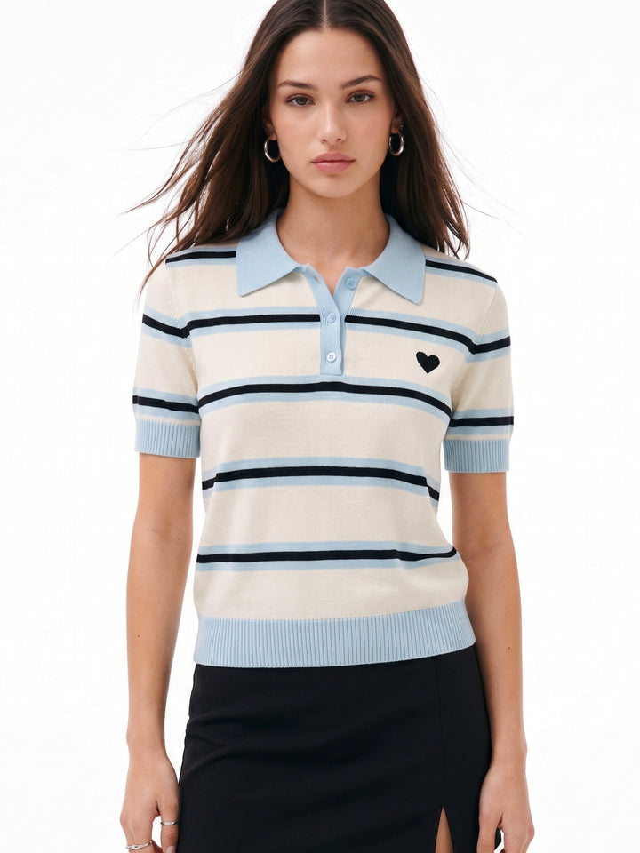 Blue Striped Collared Polo Top With Small Heart Graphic