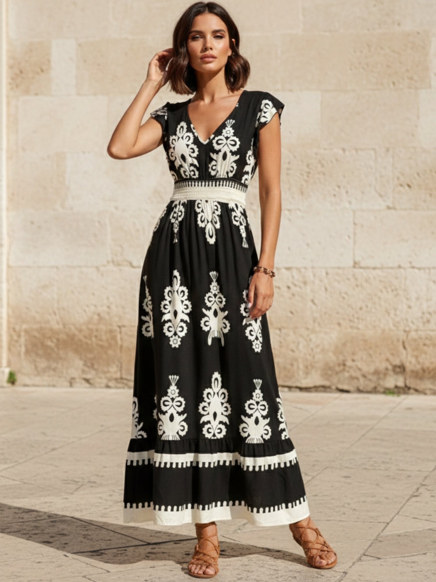 Black Short Sleeve V Neck Printed Flared Dress