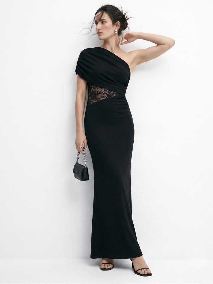 Black One Shoulder Lace Detail Dress