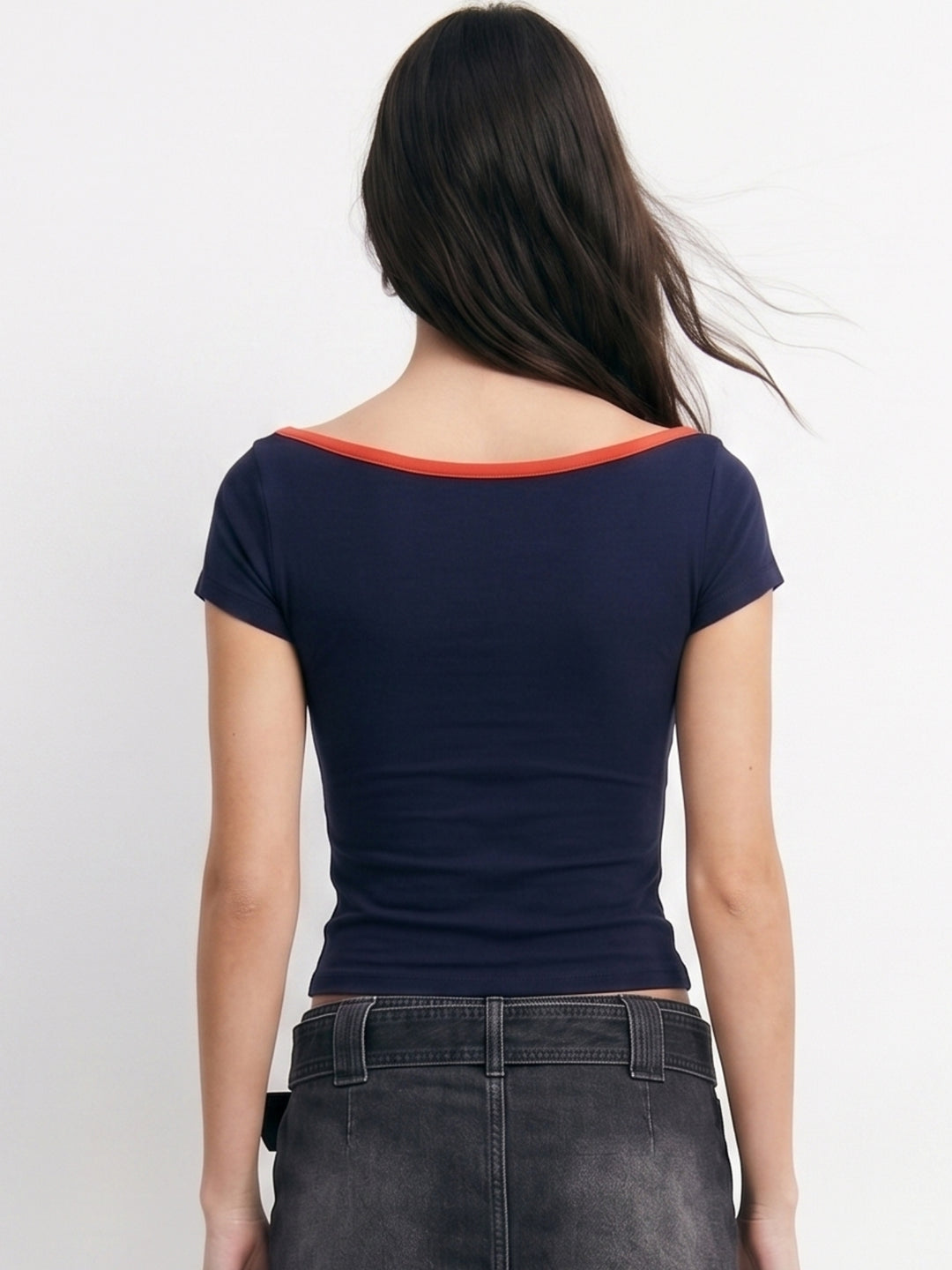 Navy Blue Contrast Neck Binding Boat Neck Graphic T-Shirt
