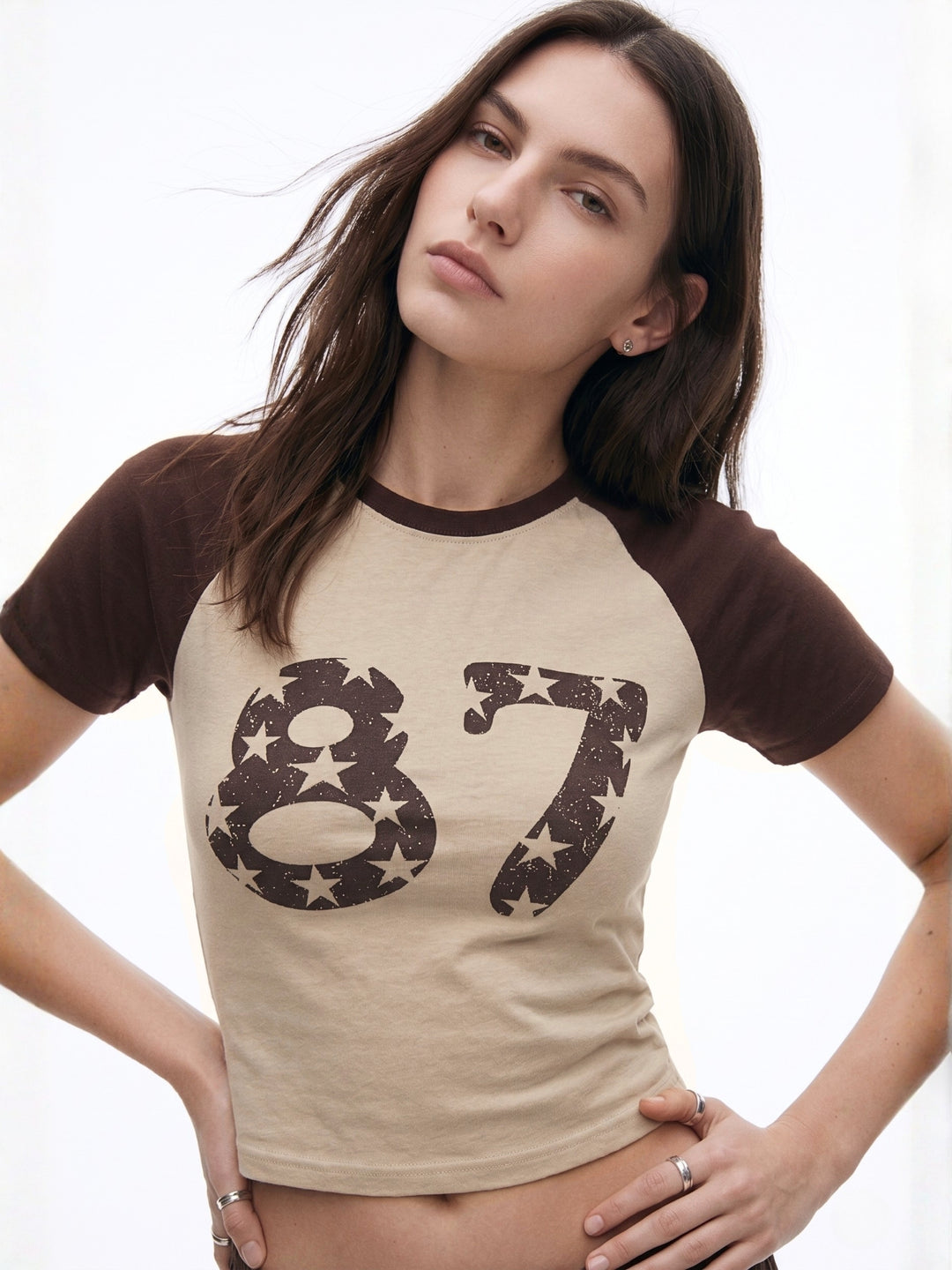 Brown Contrast Raglan Sleeved Graphic T-Shirt