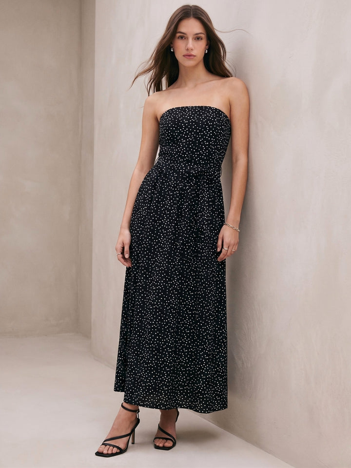 Black Polka Dot Flared Dress With Fitted Bodice
