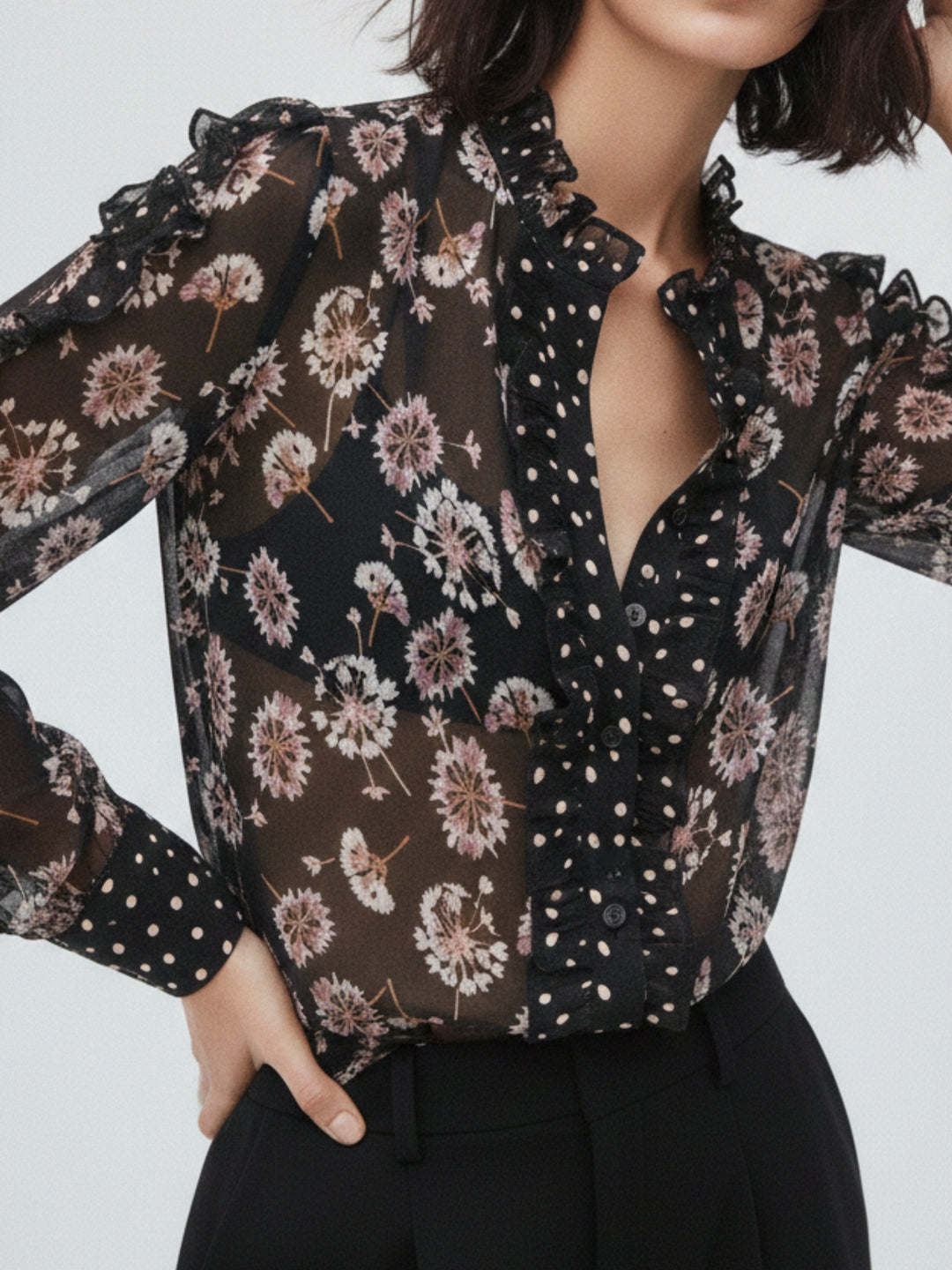 Black Printed Deep-V Top
