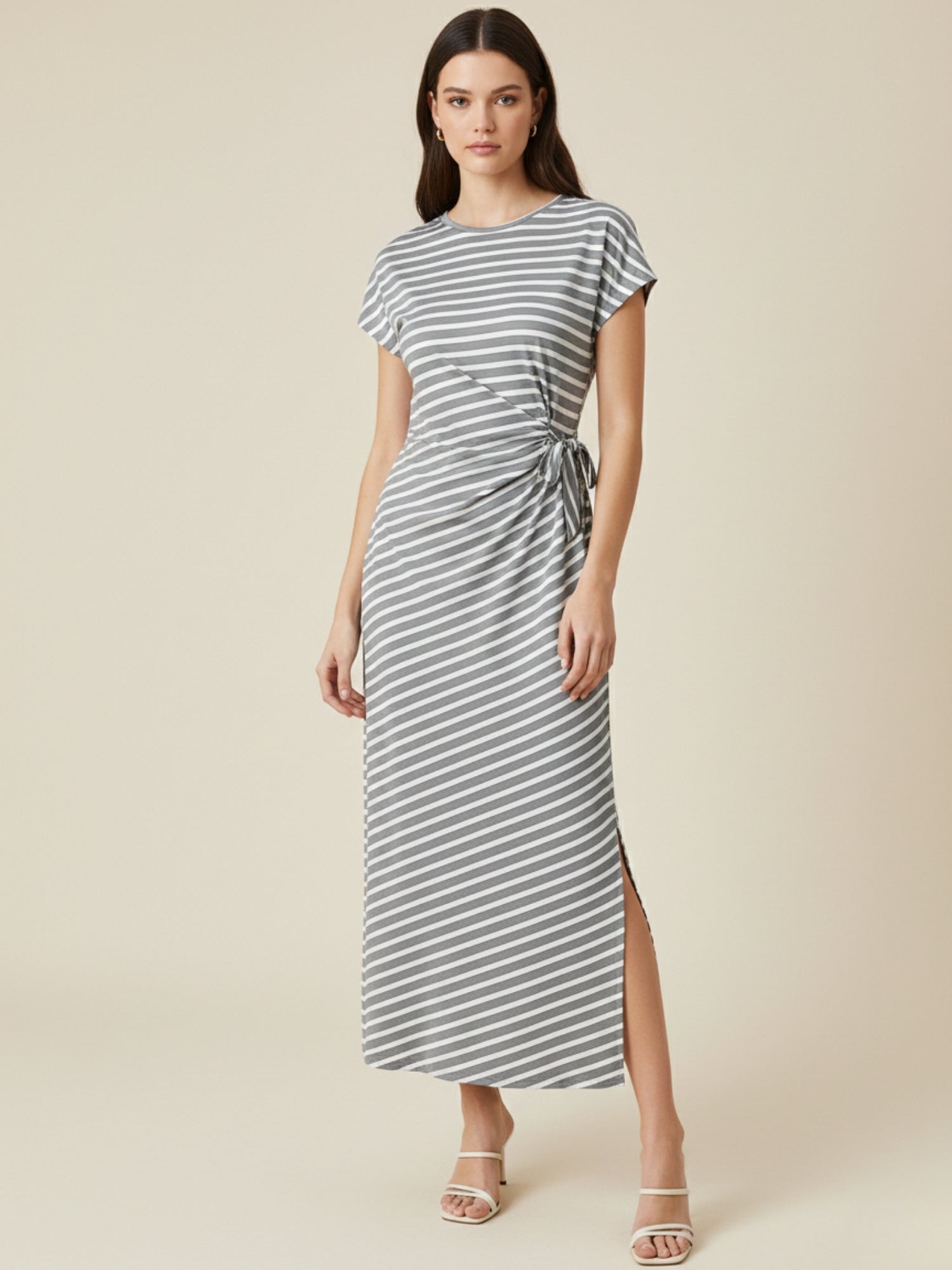 White Short Sleeve Waist Knit Detail Striped Dress
