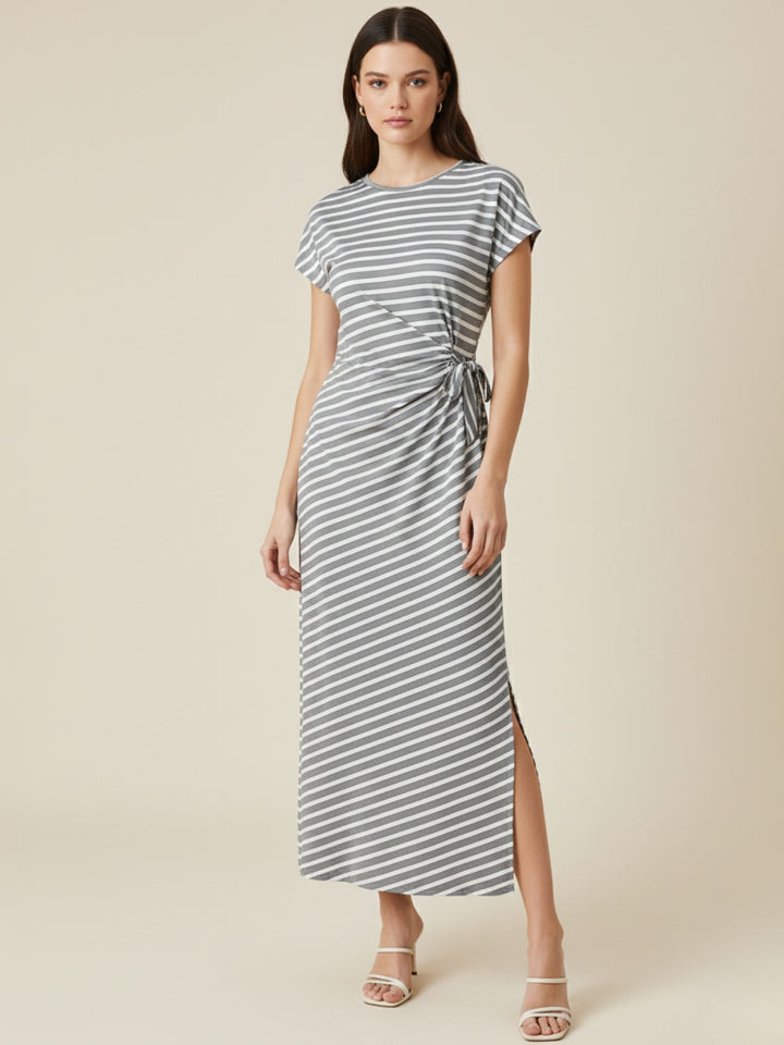 White Short Sleeve Waist Knit Detail Striped Dress