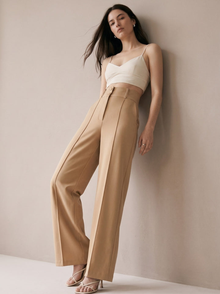 Beige High Waist Structured Trousers