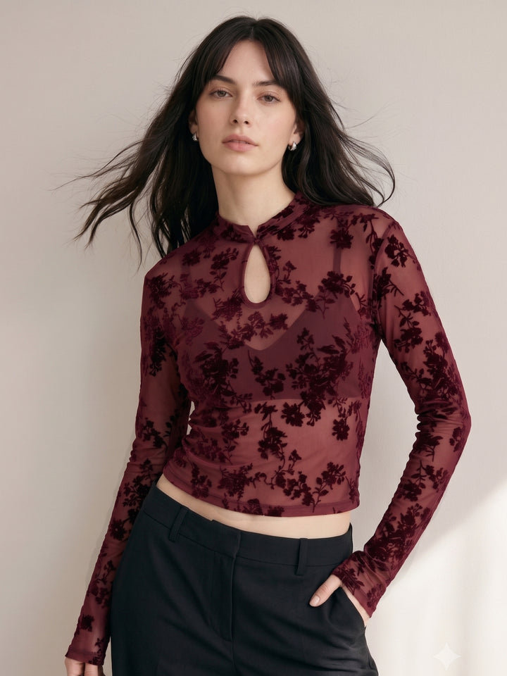 Maroon Lace Detail Key Hole Top