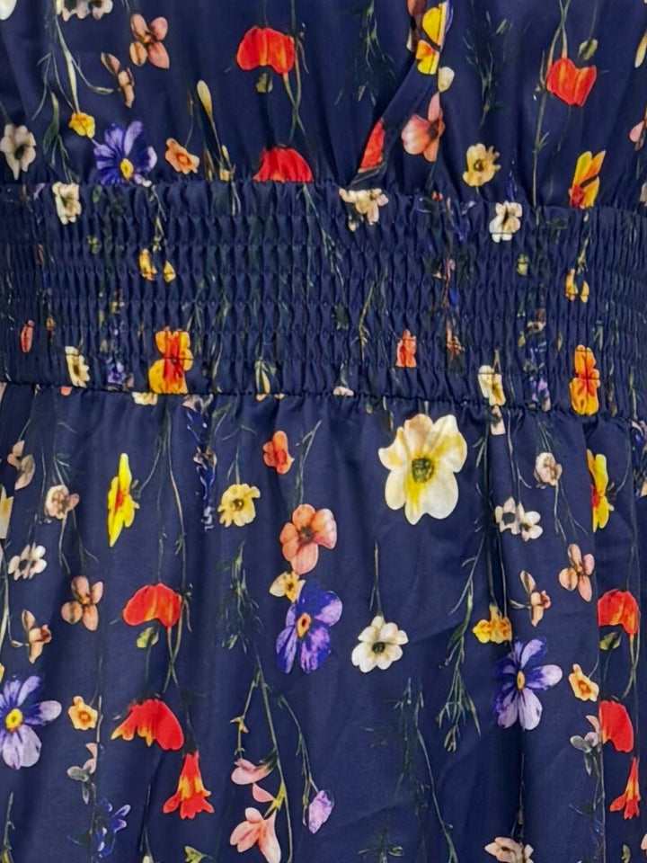 Blue Short Sleeve V Neck Floral Dress
