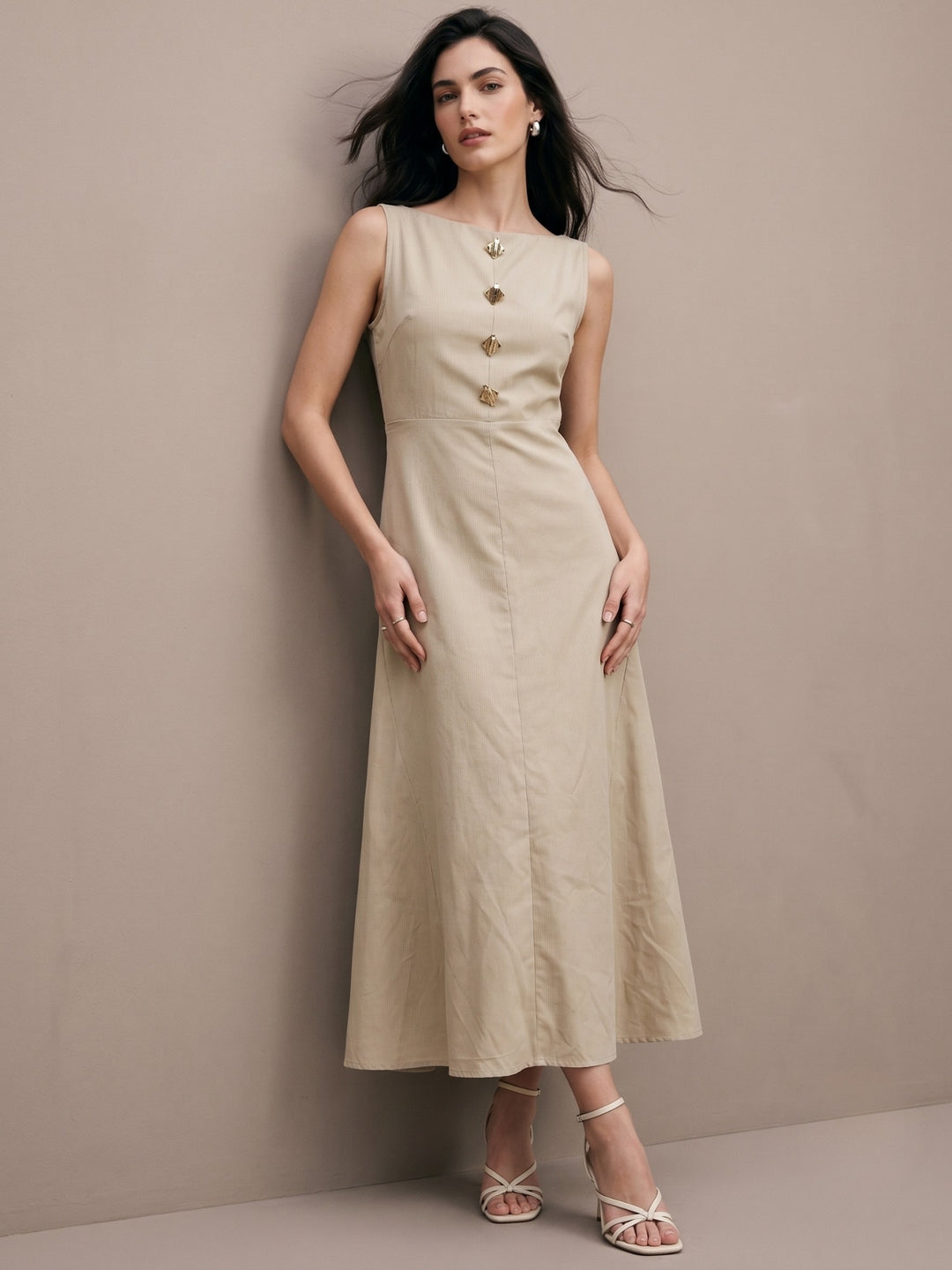 Beige Button Down Detail Flowy Dress