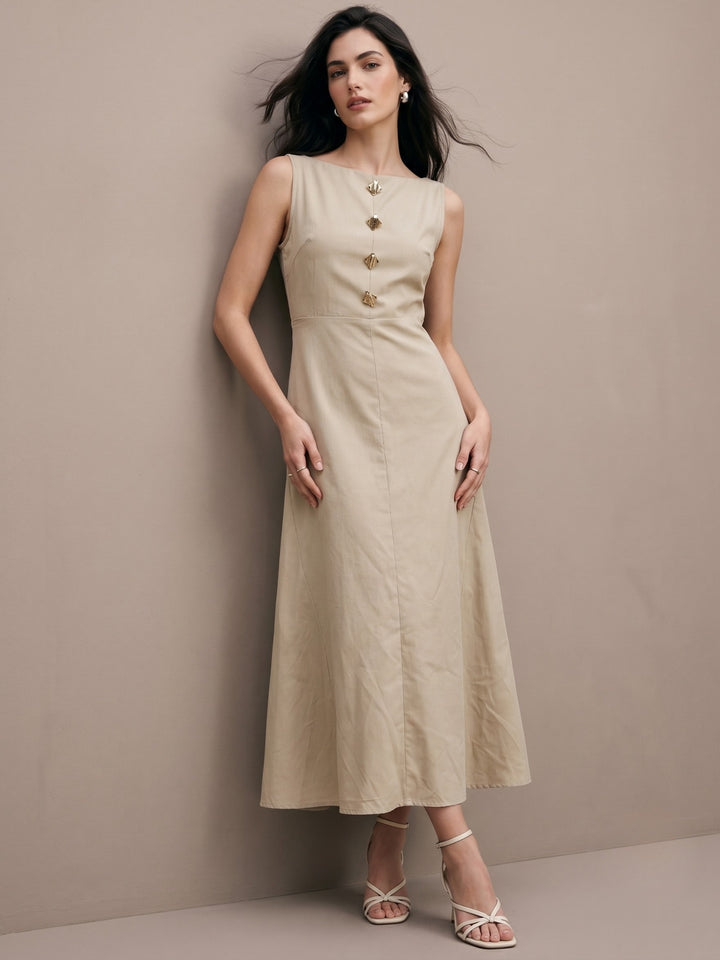 Beige Button Down Detail Flowy Dress
