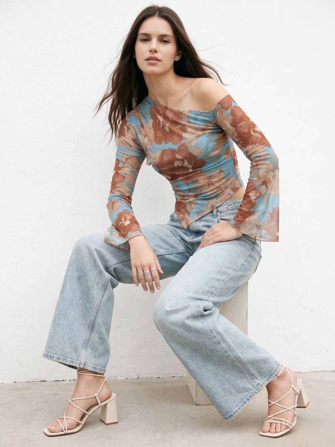Blue Off-Shoulder Asymmetric Hem Printed Mesh Top
