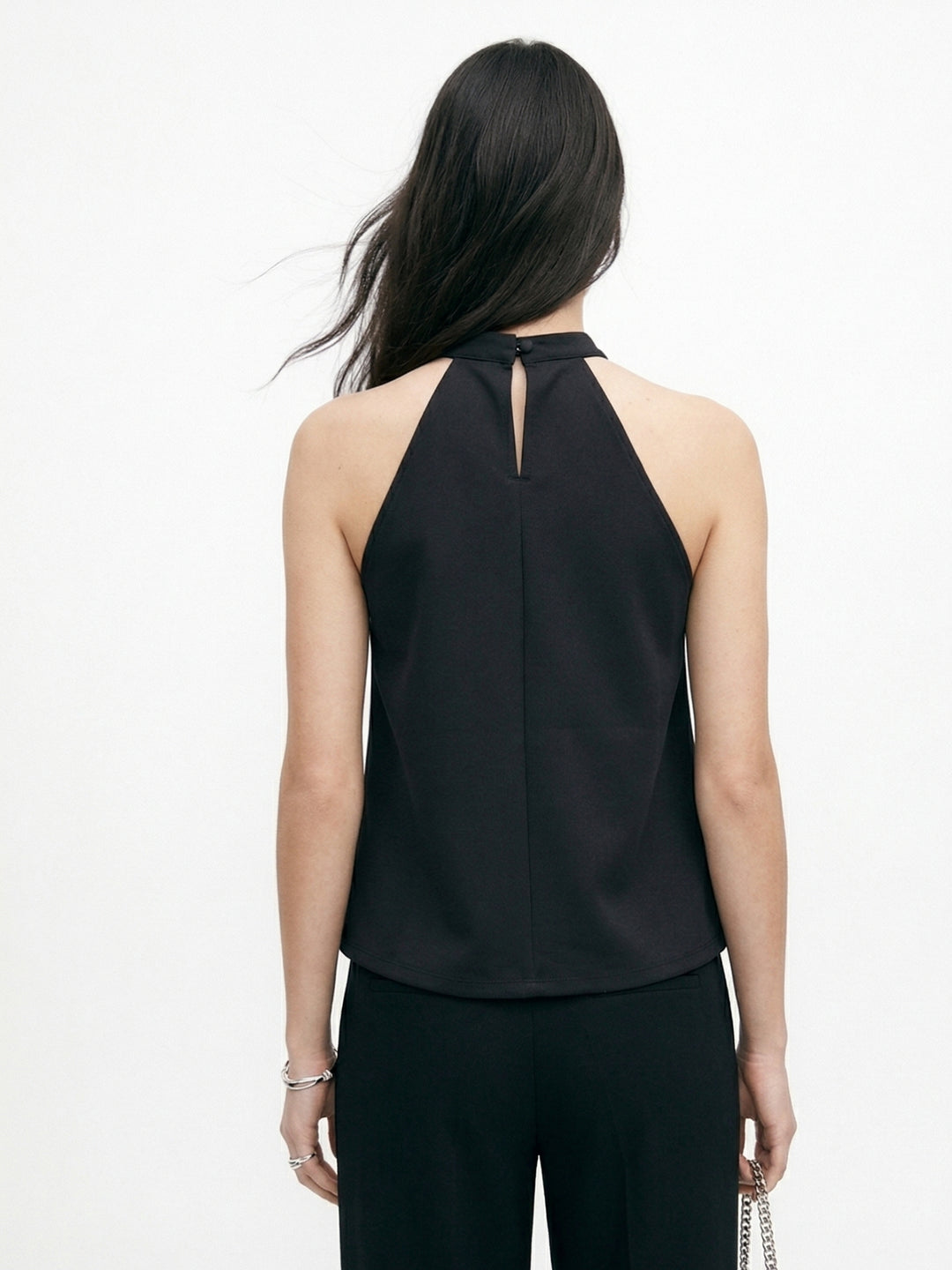 Black Halter Neck Top With Sequined Hem