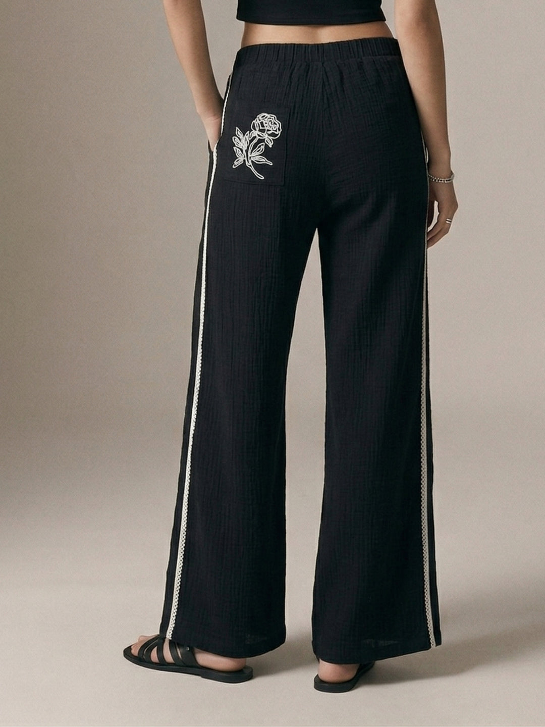 Black  Stripe Embroidered Cotton Trousers