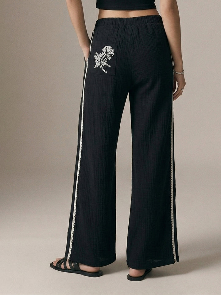Black  Stripe Embroidered Cotton Trousers