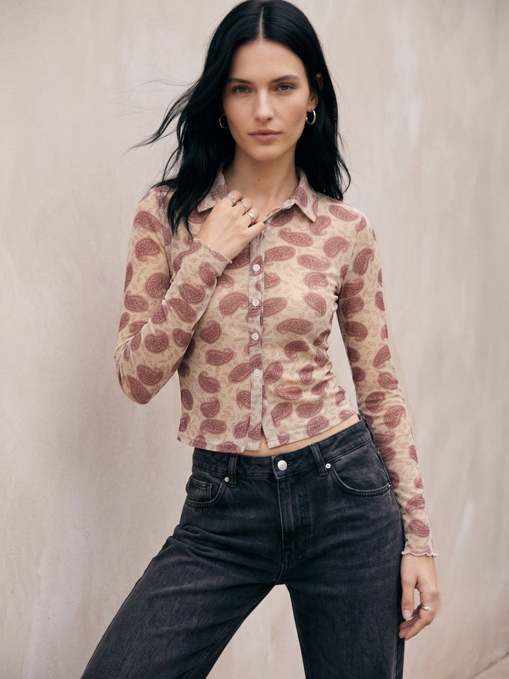 Multi Printed Fitted Mesh Shirt Top With Flared Sleeves