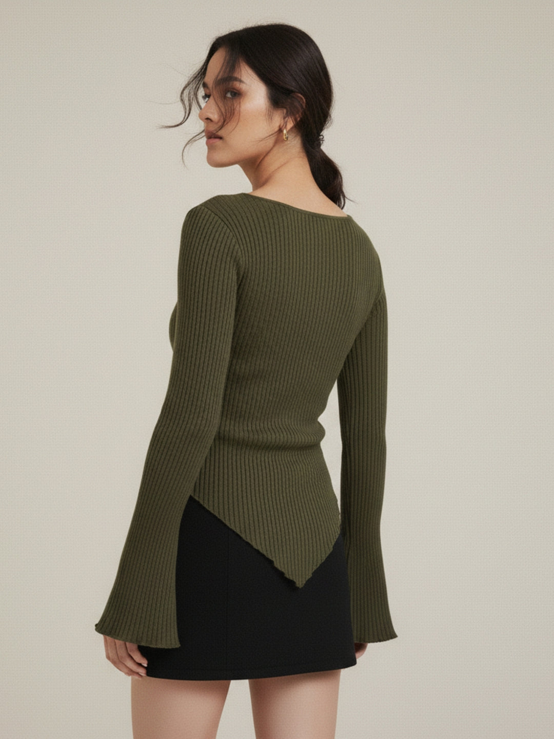 Olive Asymmetric Hem Side Ruched Top