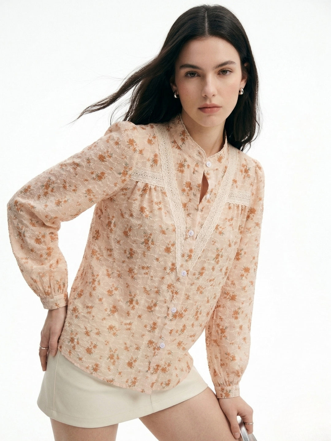 Beige Mandarin Neck Scalloped Neck Printed Blouse