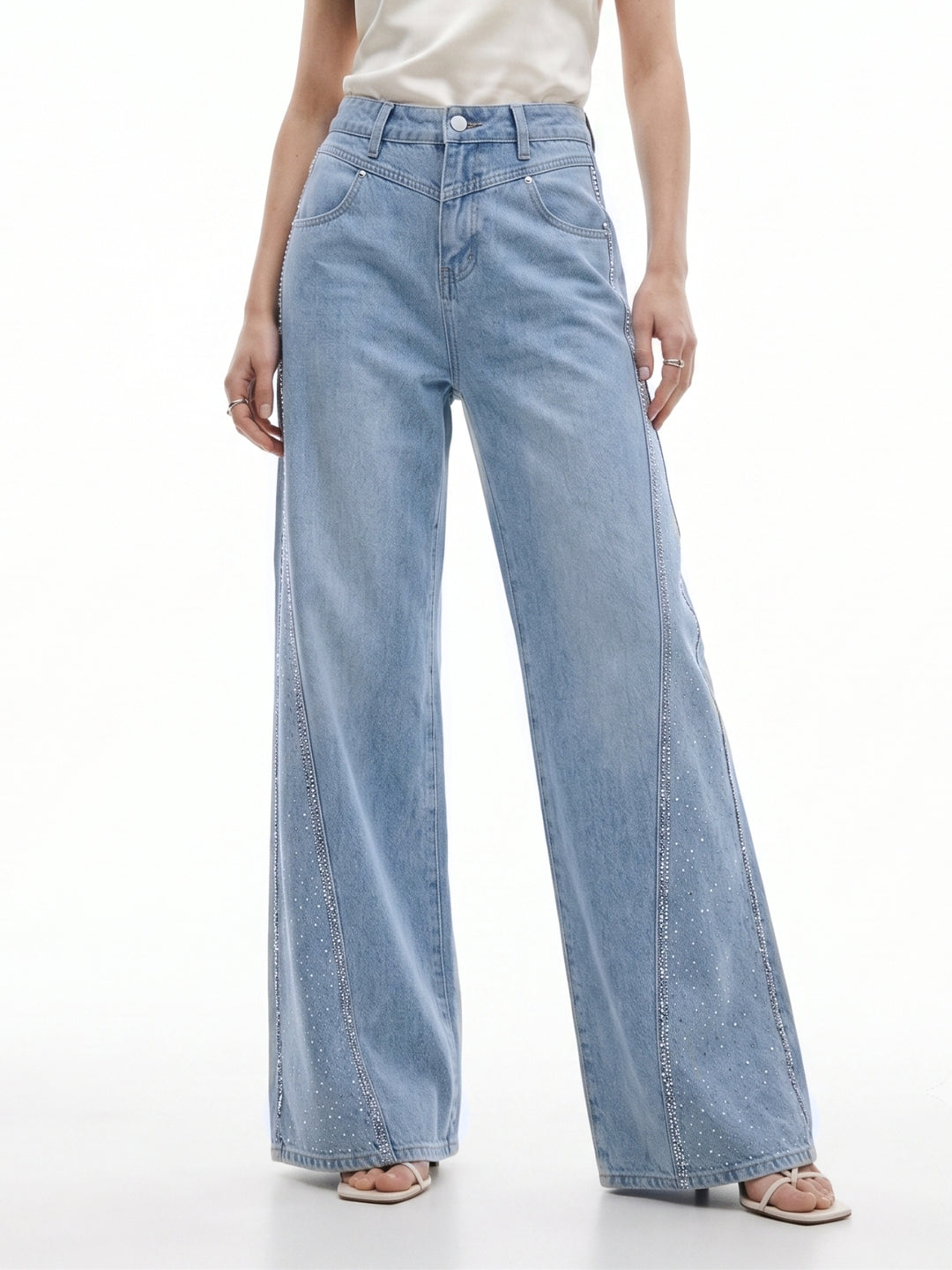 Blue Flared Sequined Denims