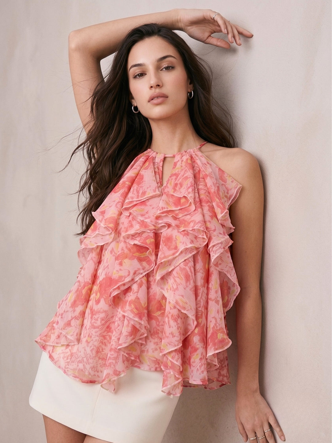 Light Pink Halter Neck Ruffles Flared Printed Top