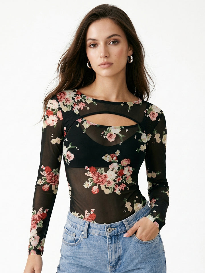 Black Floral Printed Neck Cut-Out Top