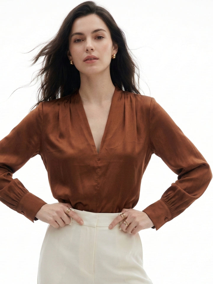 Brown Satin Full Sleeved Solid Blouse