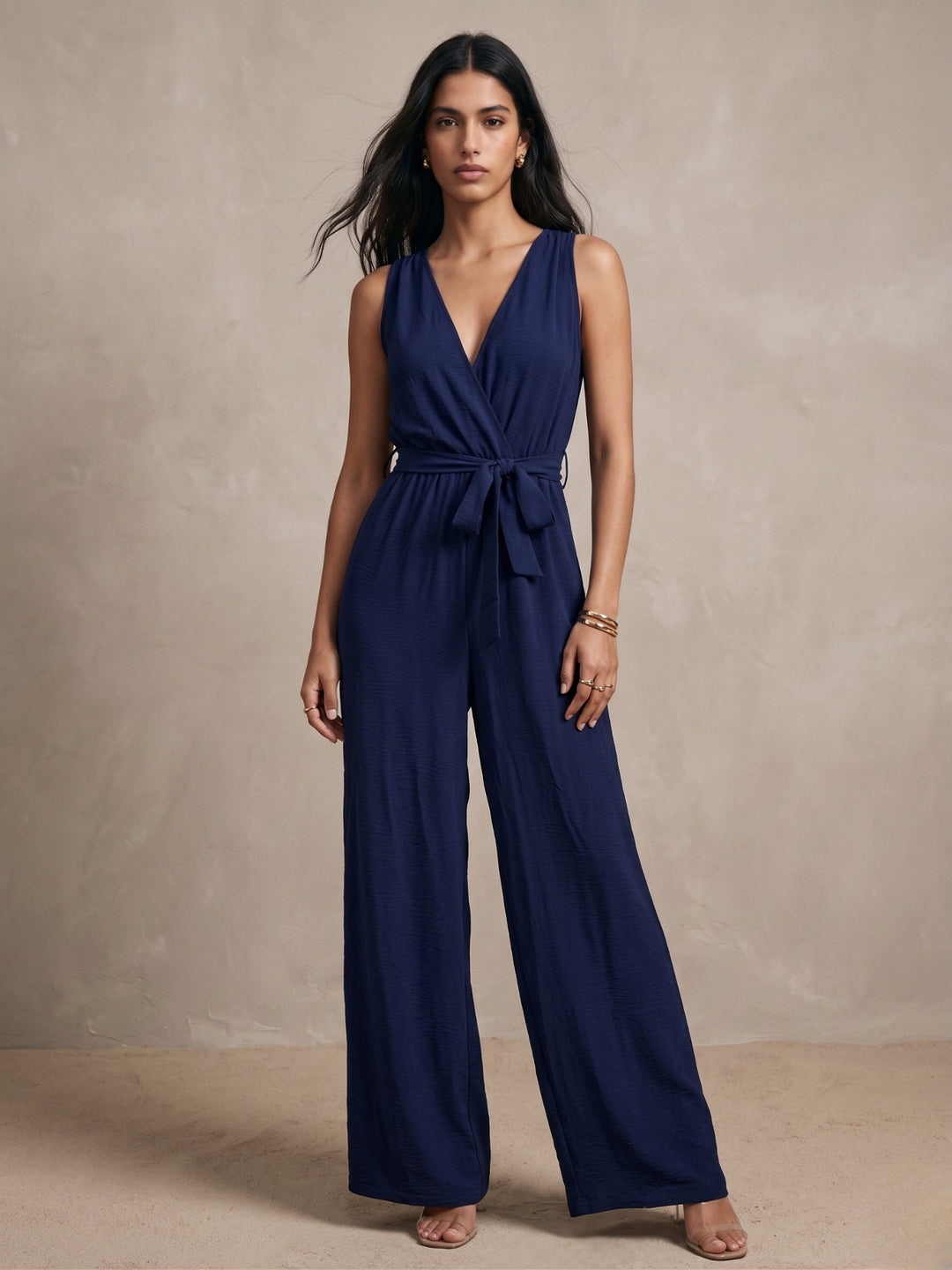 Blue Sleeveless Jumpsuit With Tie Up