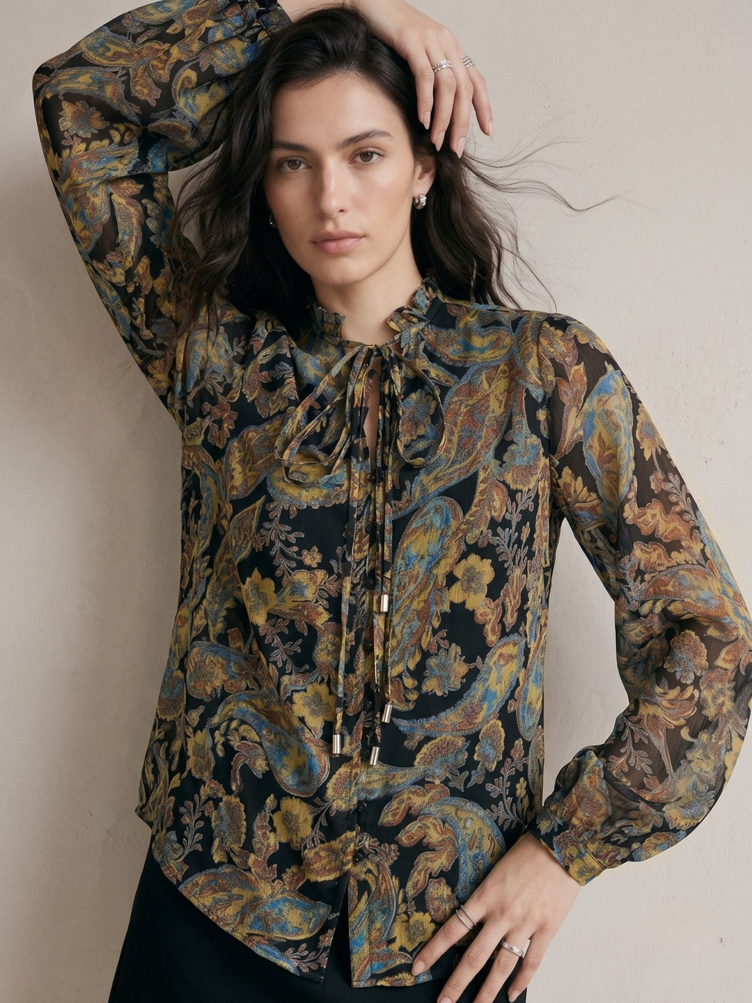 Green Printed Full Sleeves Top With Button Details