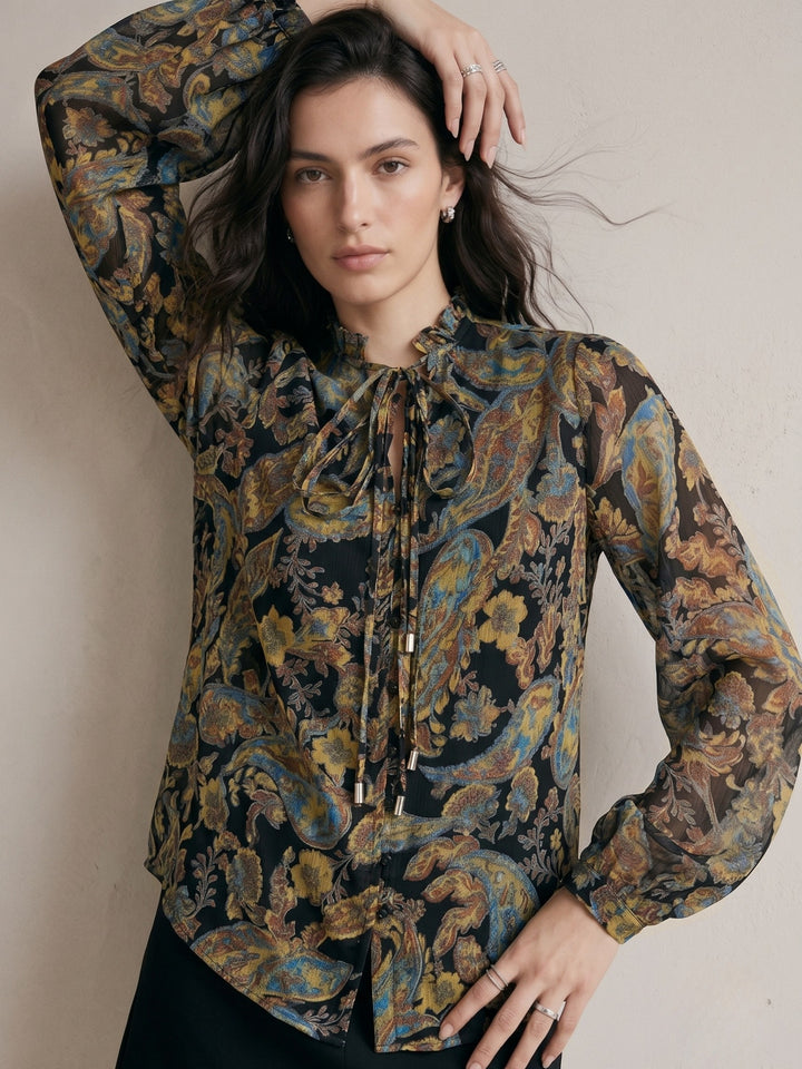 Green Printed Full Sleeves Top With Button Details