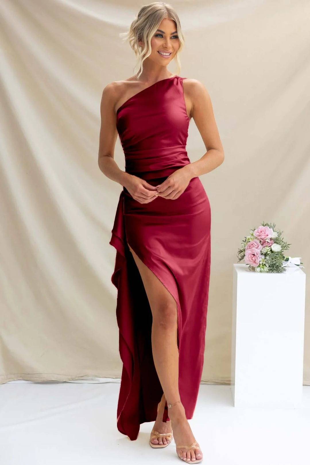 Maroon One Shoulder Slit Dress