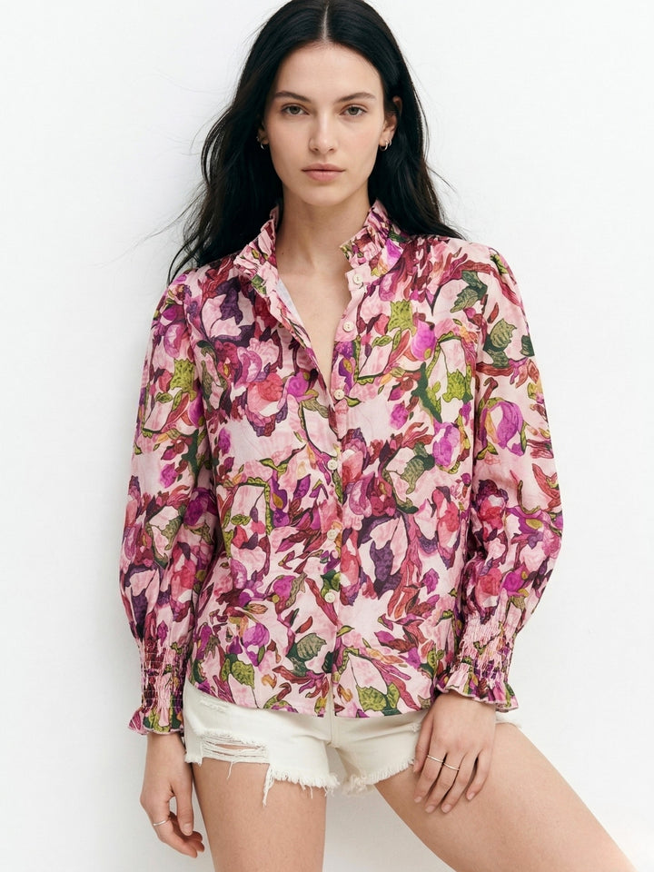 Pink Mandarin Ruffled Neck Printed Top