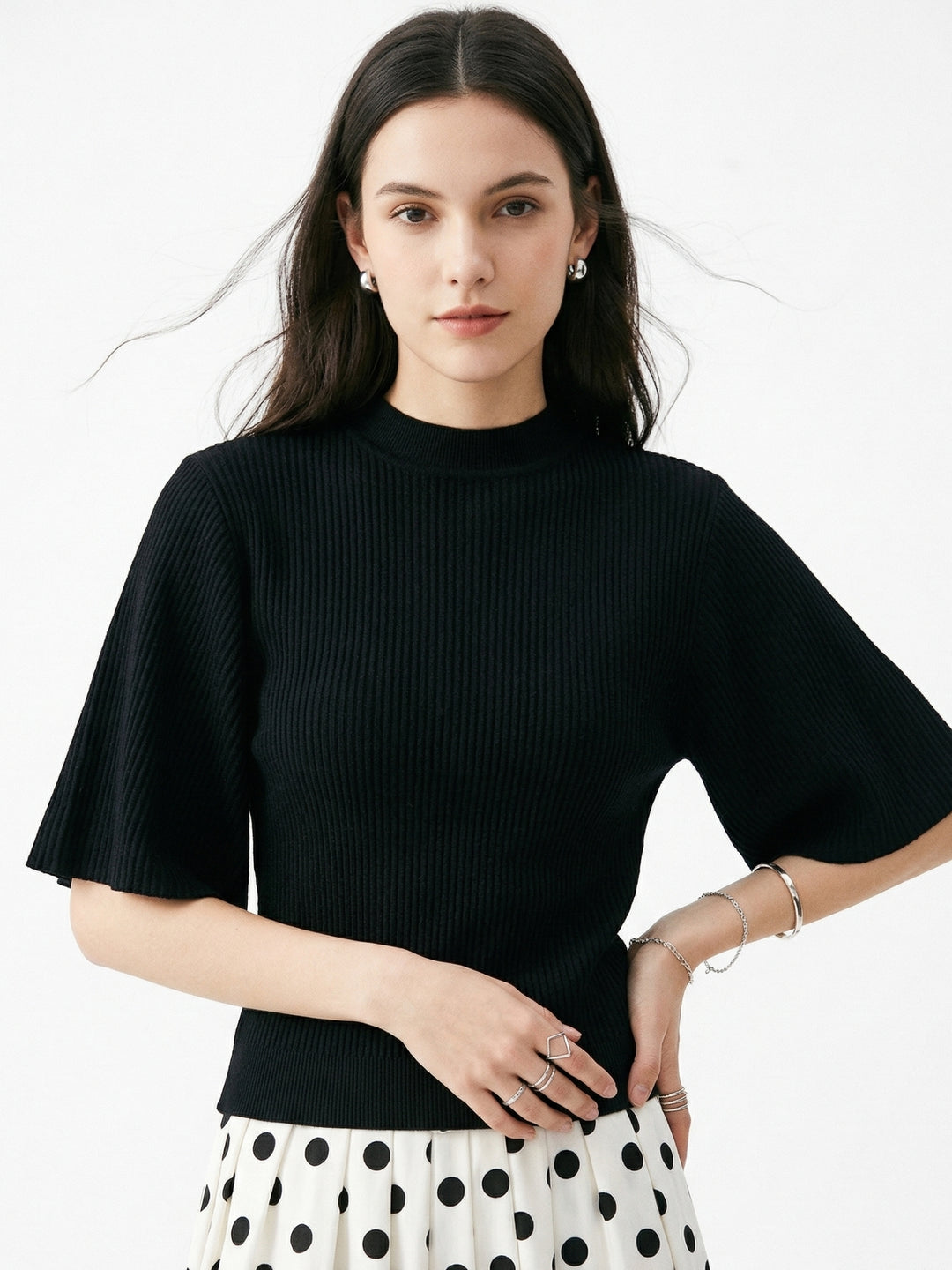 Black Plisse Top With Flared Sleeves