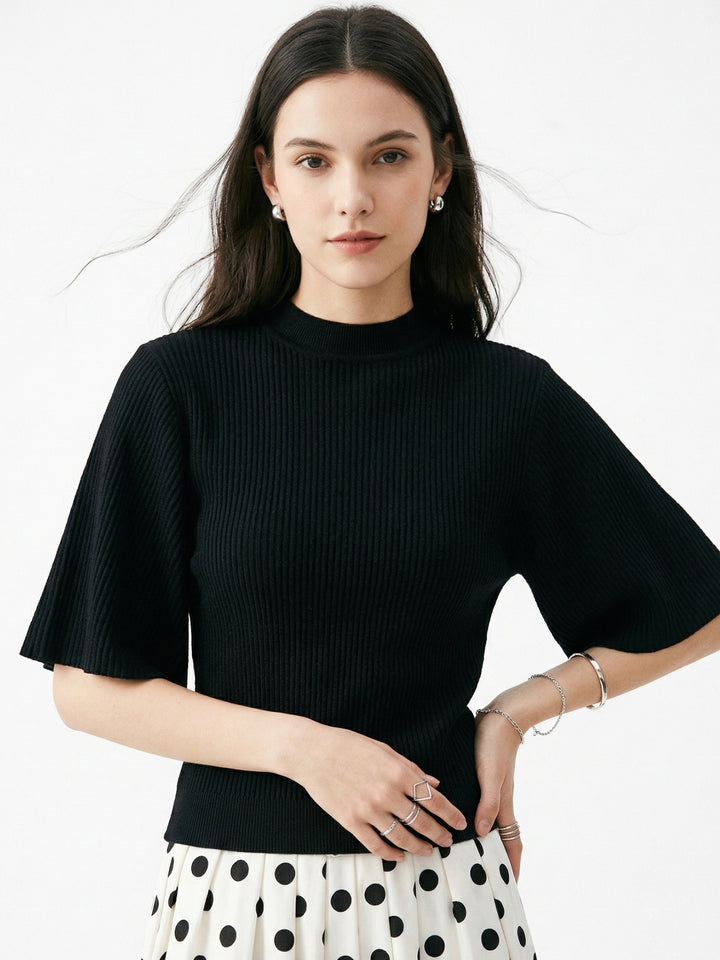 Black Plisse Top With Flared Sleeves