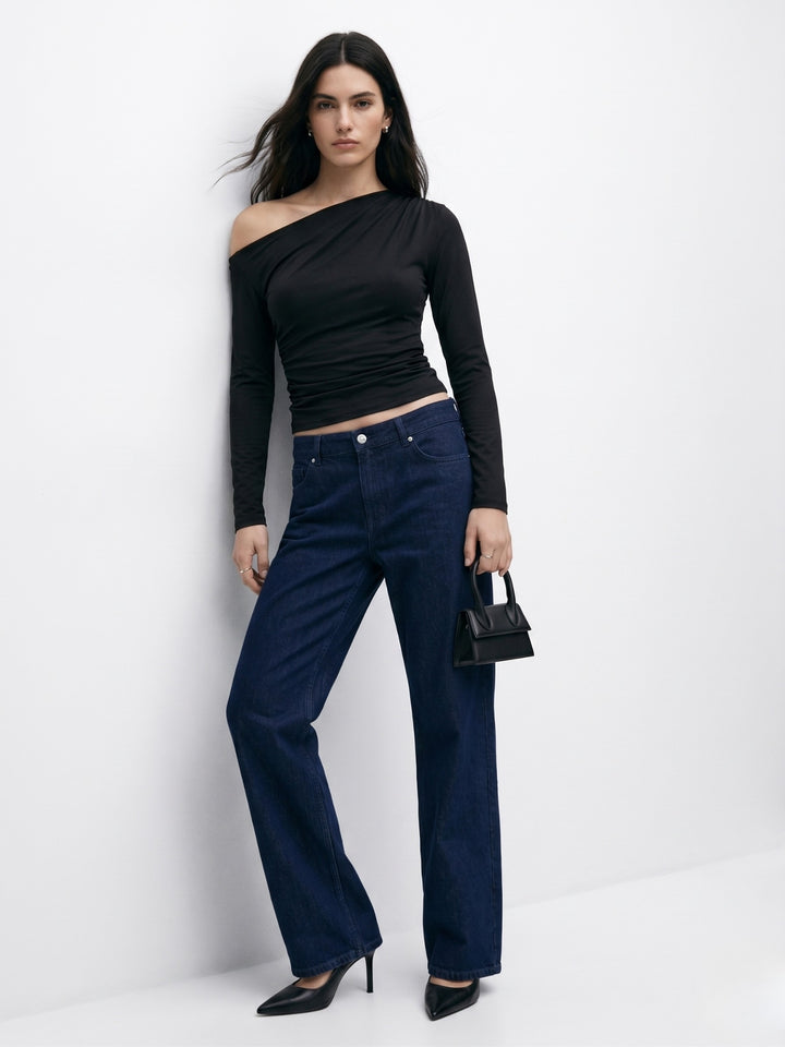 Black One Shoulder Full Sleeves Fitted Top