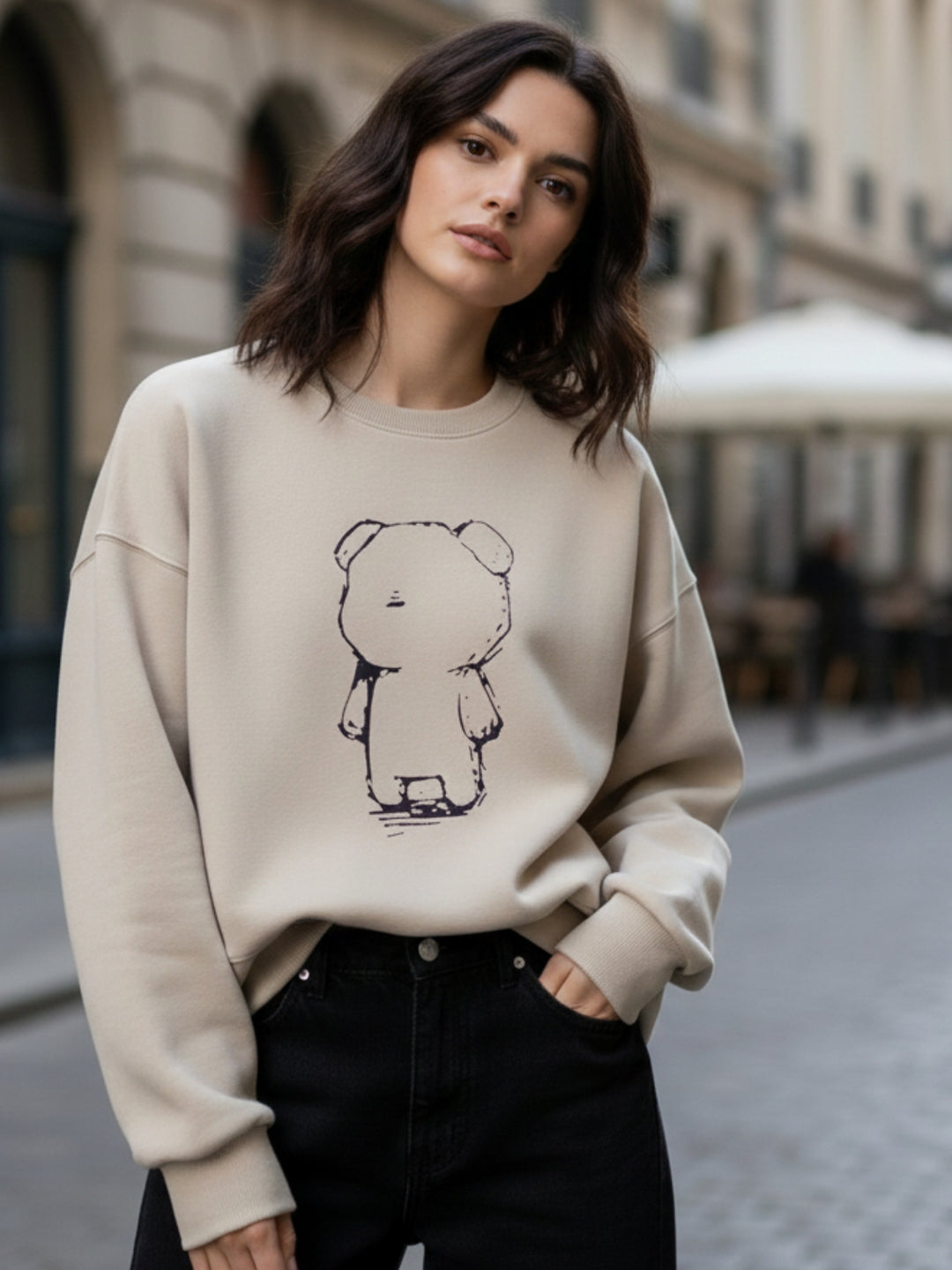 Beige Graphic Oversized Sweatshirt