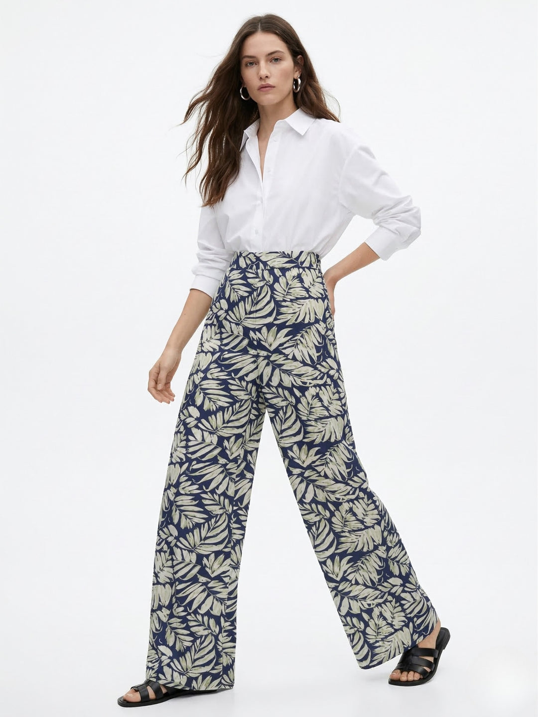 White Printed Wide Leg Pant