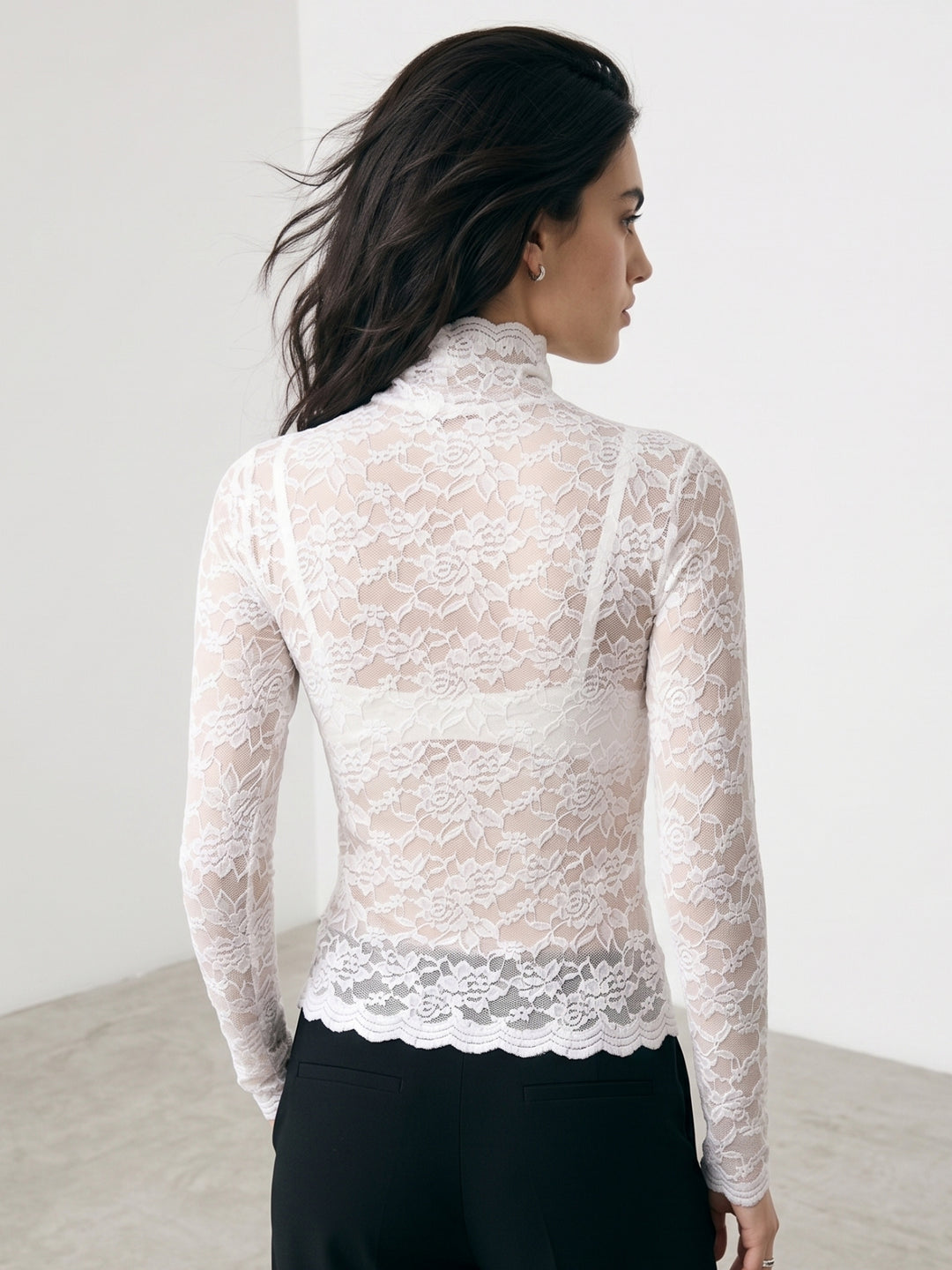 White Mock Neck Full Sleeve Lace Top