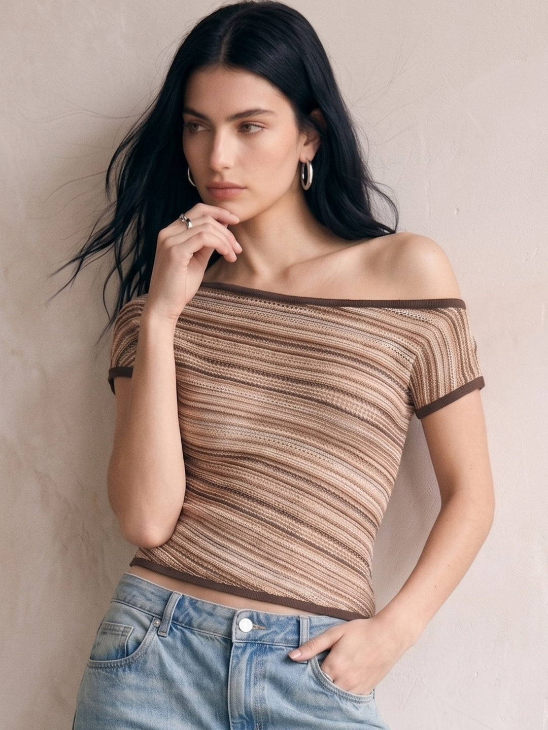 Beige Striped One Shoulder Top