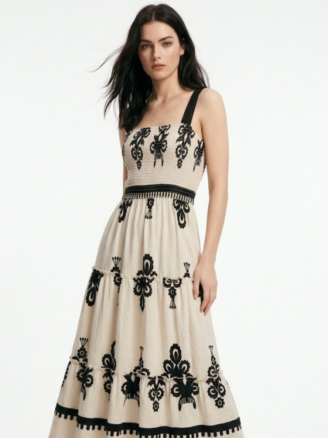 Cream Shoulder Strap Printed Dress