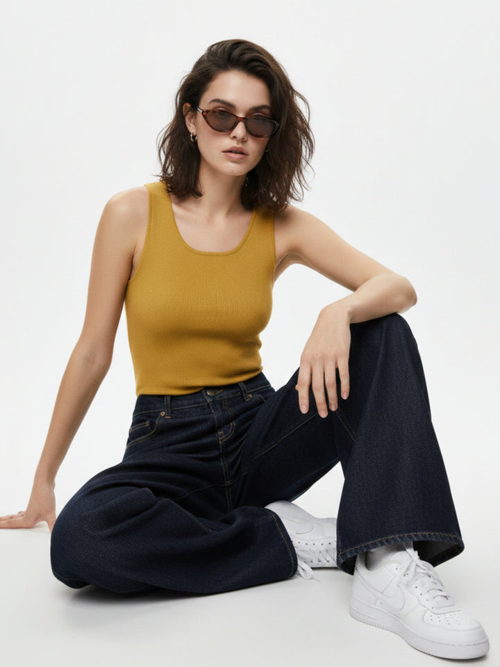 Yellow Square Neck Wide Strapped Tank Top