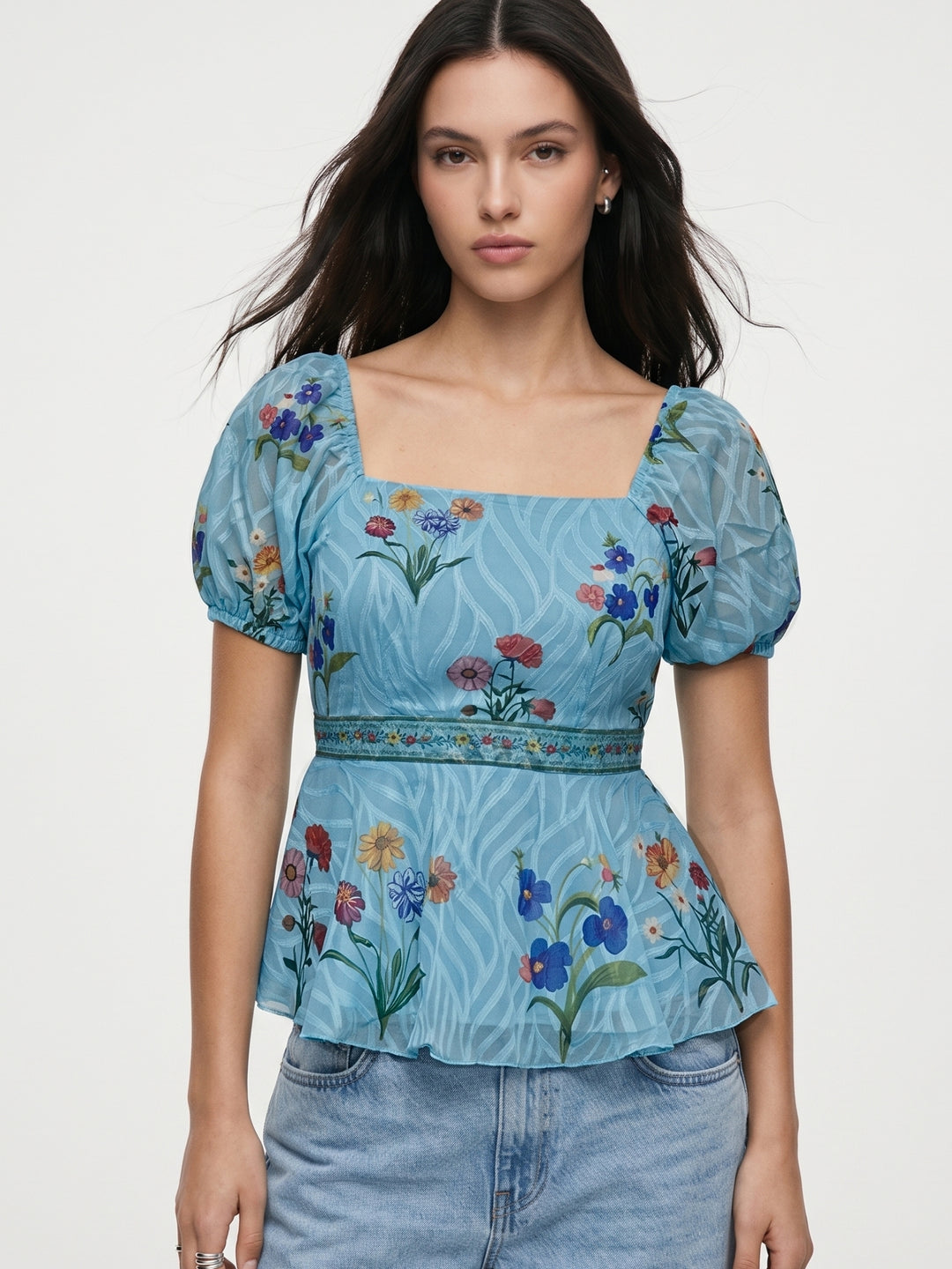 Blue Puff Sleeve Flared Top