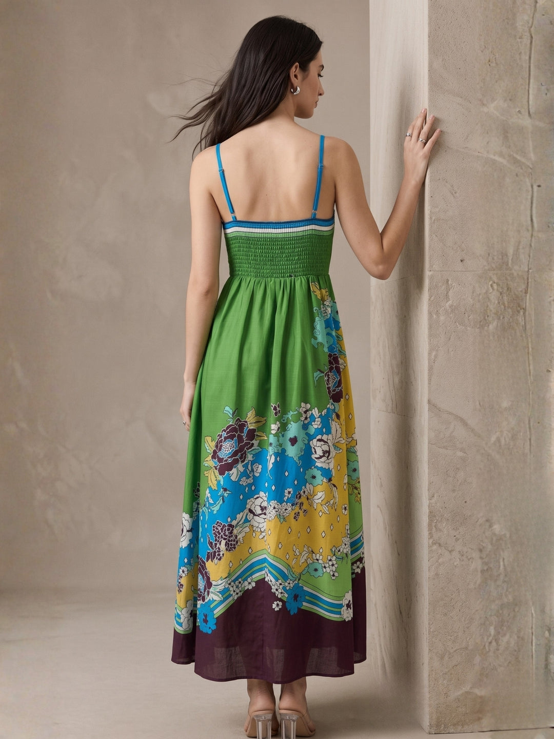 Green Spaghetti Strap Floral Printed Dress