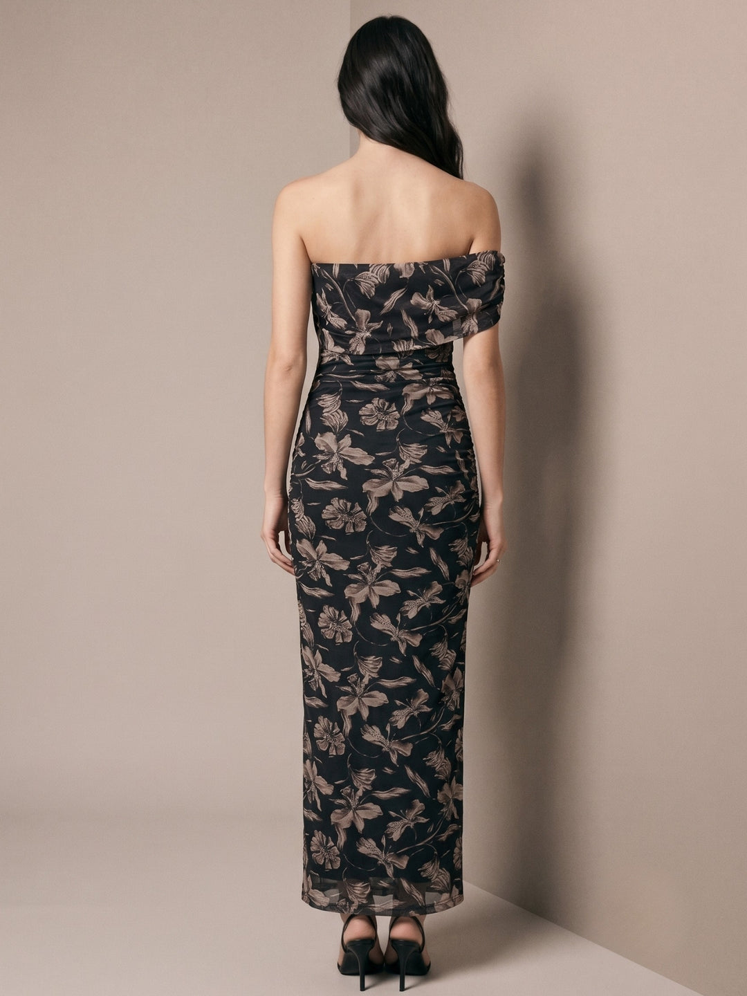 Beige Floral Print One-Shoulder Maxi Dress